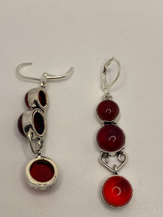 Antique Vintage Red Ruby Glass Silver Dangle Earr… - image 2