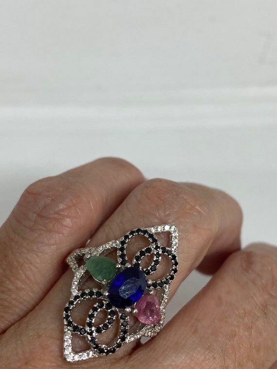 Vintage Green Emerald Ruby and Sapphire 925 Sterl… - image 1