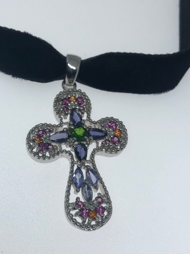 Vintage Handmade 925 Sterling Silver mixed gemstone Cross Antique Pendant Necklace