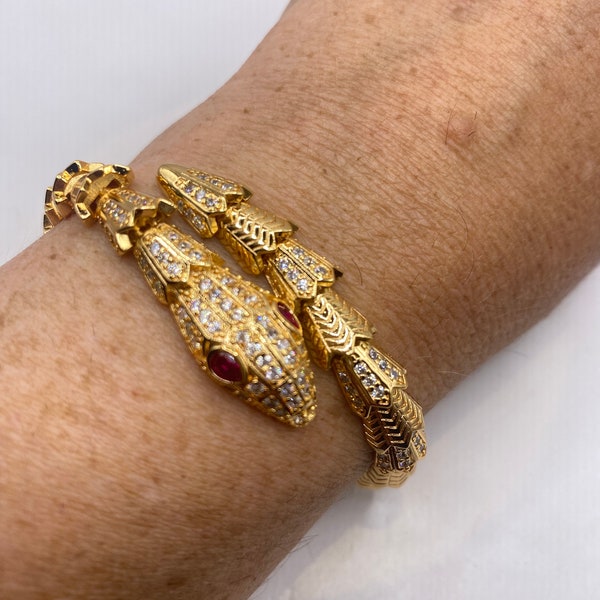 Vintage Snake Bracelet Gold filled Red Ruby Crystal Eyes