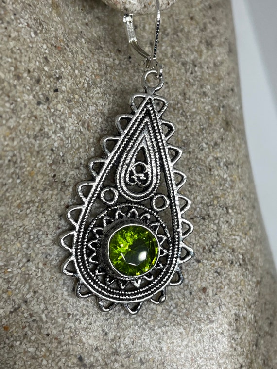 Antique Vintage Green Peridot Silver Dangle Earri… - image 1