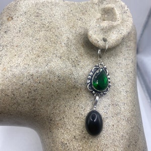 Vintage Black Earring Onyx and Green Glass 925 Sterling Silver Deco Dangle Chandelier