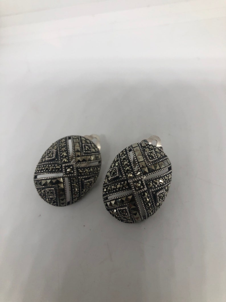 Antique vintage Marcasite 925 sterling silver clip on button earrings