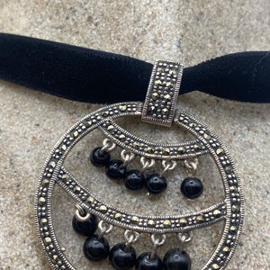 Vintage Marcasite Choker 925 Sterling Silver Black Onyx Pendant Necklace