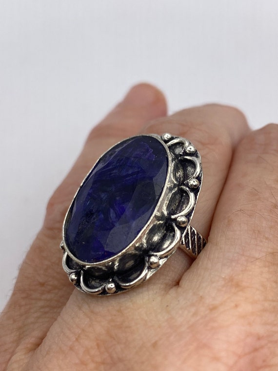 Bague Cocktail Vintage En Argent Massif Avec Saphir - Taille 55 - Ancienne Et Pleine De Charme