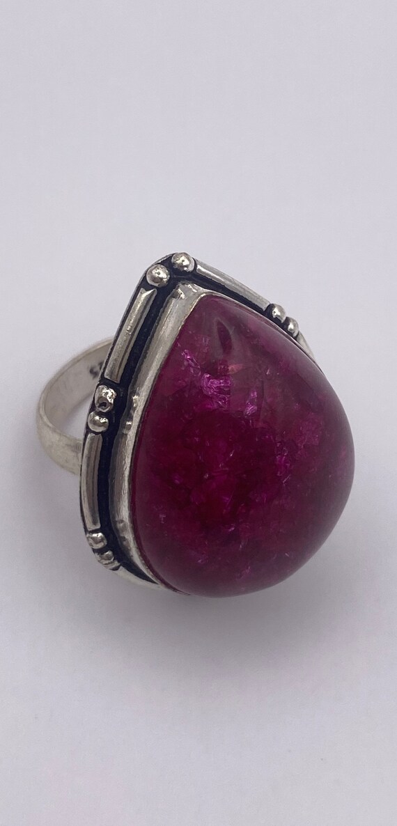 Vintage Pink crackle glass Silver Ring Size 8 - image 4