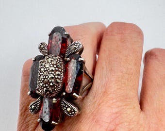 Vintage Marcasite Red Garnet CZ 925 Sterling Silver Cocktail Ring