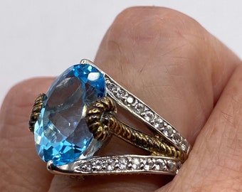 Vintage Genuine Blue Topaz Gold 925 Sterling Silver Ring