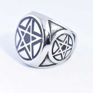 Vintage Gothic Silver Stainless Steel Pentacle Star Mens Ring image 5