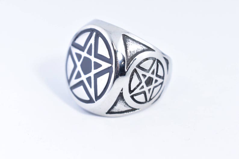 Vintage Gothic Silver Stainless Steel Pentacle Star Mens Ring image 5