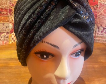 Vintage Black Stretch Velvet Deco Turban Hat