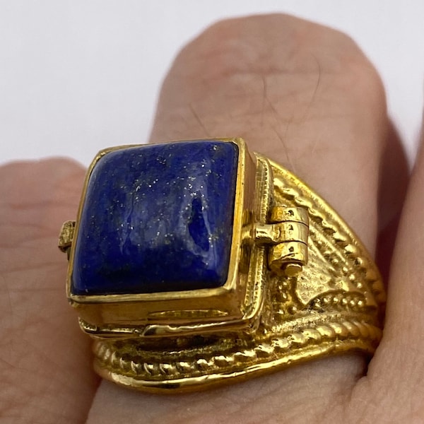 Vintage Blue Lapis Brass Poison Pillbox Ring