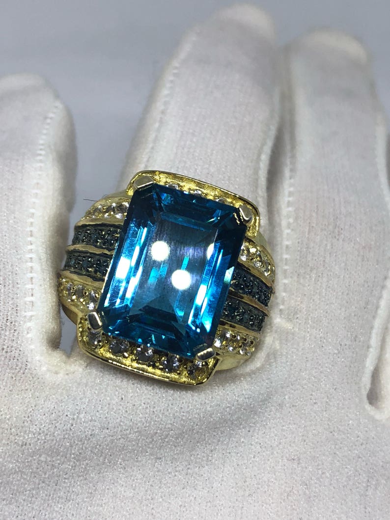 Vintage geniune London blue topaz White Sapphire Golden 925 sterling silver Ring