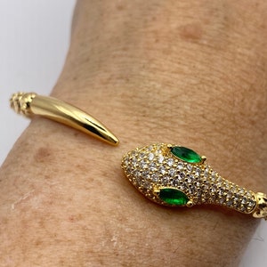 Vintage Snake Bangle Bracelet Gold filled Green Crystal Eyes