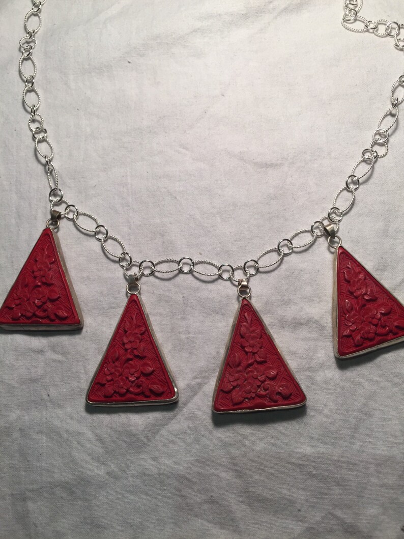 Vintage Handmade carved Cinnabar lacquer Silver Pendant