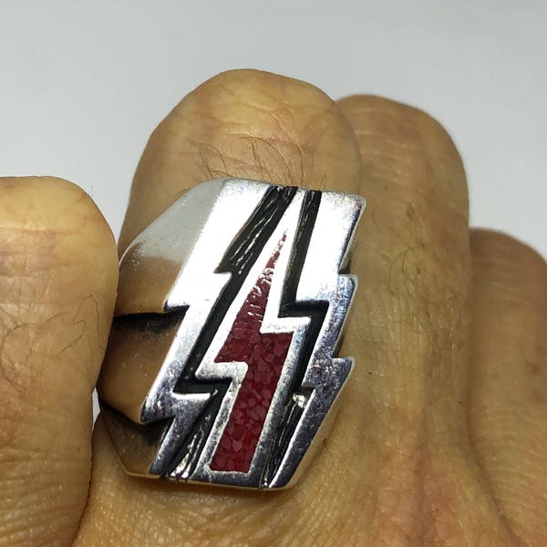 Vintage Southwestern Red Inlay Lighting Bolt Men's Biker Ring