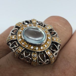 Vintage Genuine Aquamarine White Sapphire 925 Sterling Silver Ring