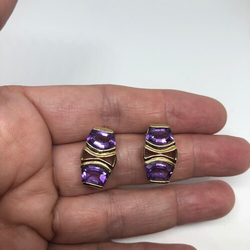 Vintage Amethyst Earrings Golden 925 Sterling Silver Purple Stud shops Button