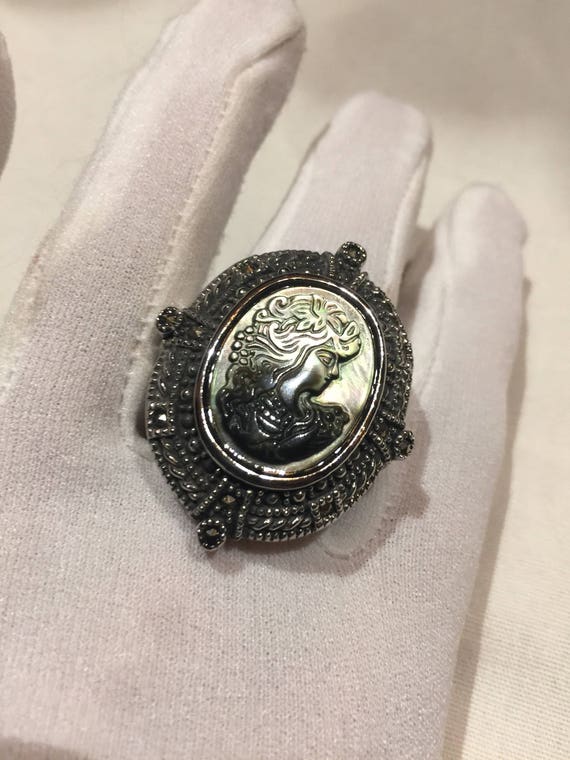 Antique White mother of pearl cameo marcasite fill