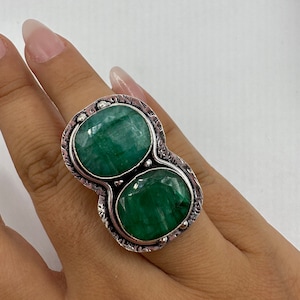 Vintage Green Raw Emerald Silver Bronze Statement Boho Ring