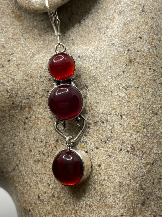 Antique Vintage Red Ruby Glass Silver Dangle Earr… - image 5