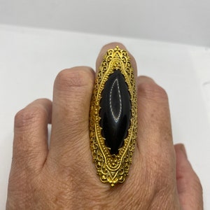 Vintage Black Onyx Golden Brass Size 7.75 Ring