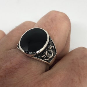 Vintage  Gothic Sterling Silver Genuine Black Onyx Dragon Mens Ring