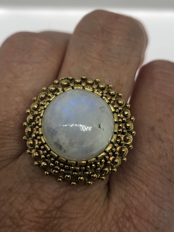 Vintage Rainbow Moonstone Stone Brass Ring - image 5