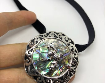 Blue Handmade Gothic Styled Silver Finished Genuine Abalone Frog Choker Necklace