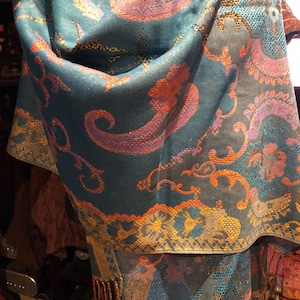 Golden Vintage Blue Metallic Paisley Brocade Pashmina Scarf Wrap