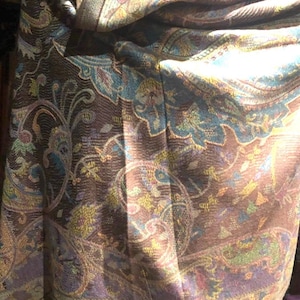 Brown Blue Vintage Paisley Brocade Pashmina Scarf Wrap Shawl