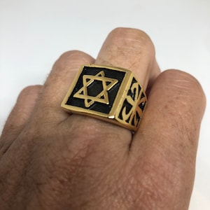 Vintage Golden Stainless Steel Star of David Mens Ring