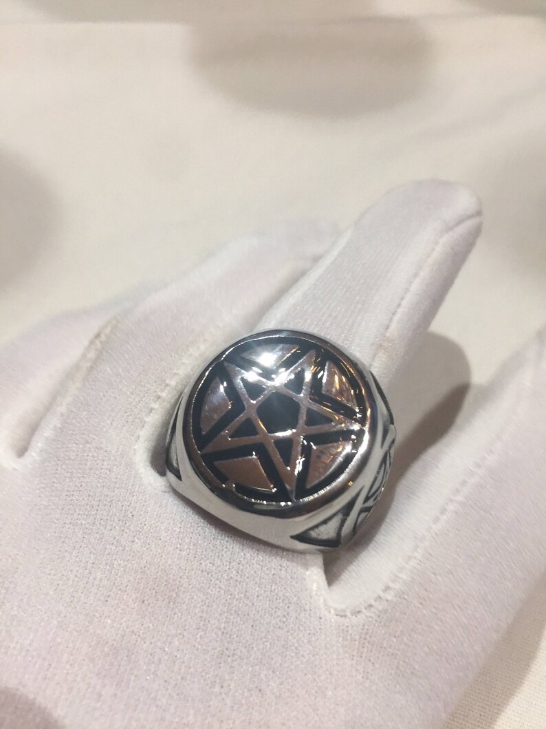 Vintage Gothic Silver Stainless Steel Pentacle Star Mens Ring image 2