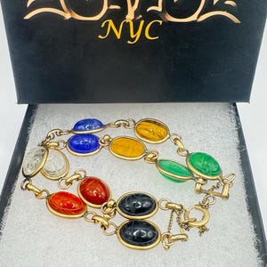 Vintage Scarab Bracelet Gold filled Carved Gemstones