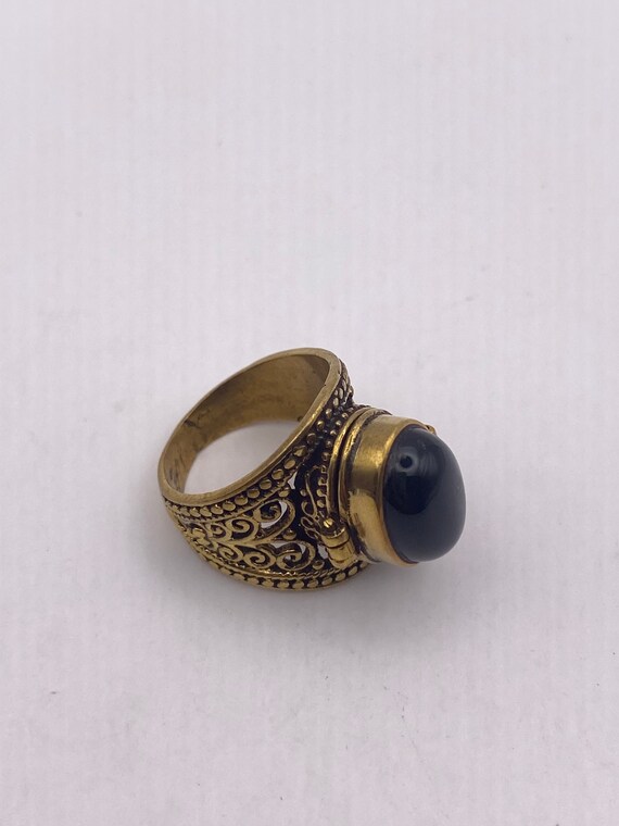 Vintage Black Onyx Brass Poison Pillbox Ring - image 4