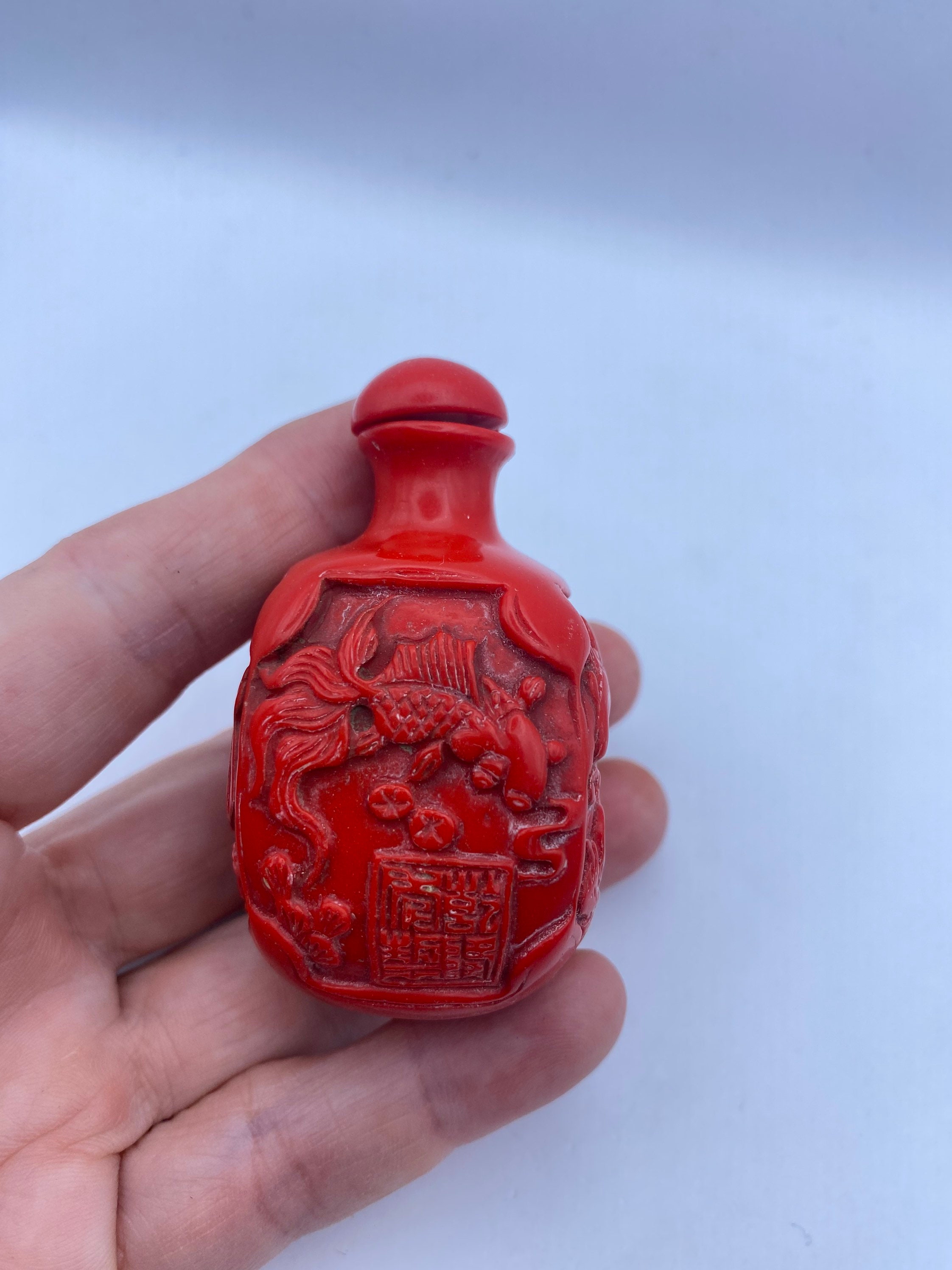 Cinnabar Snuff Bottle with Horse on Front and Back - Ruby Lane