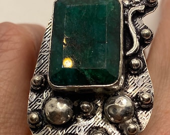 Vintage Raw Green Emerald White Bronze Silver Cocktail Ring Size 6