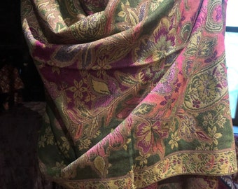 Écharpe cachemire brocart pashmina vintage vert rose