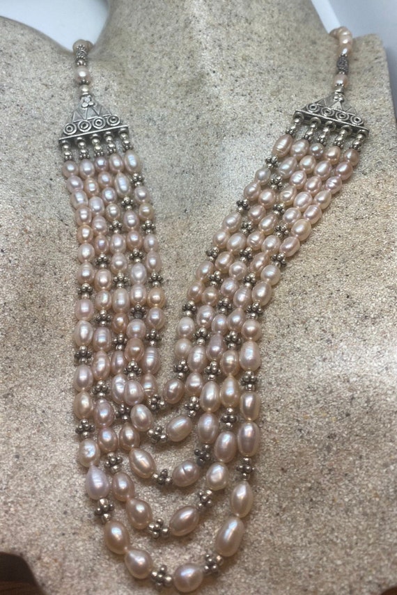 Vintage Moroccan Pink Pearl Necklace  Genuine Whit