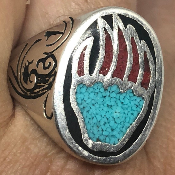 Intricate Brownbear Vintage Native American Navajo Turquoise Inlay Sterling Silver Bracelet Intricate Brownbear Vintage Native American Navajo Turquoise Inlay Sterling Silver Bracelet