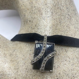 Vintage Marcasite Choker 925 Sterling Silver Black Onyx Pendant Necklace