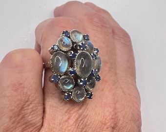 Vintage labradoriet blauwe saffier 925 sterlingzilver gotische ringmaat 6,25"