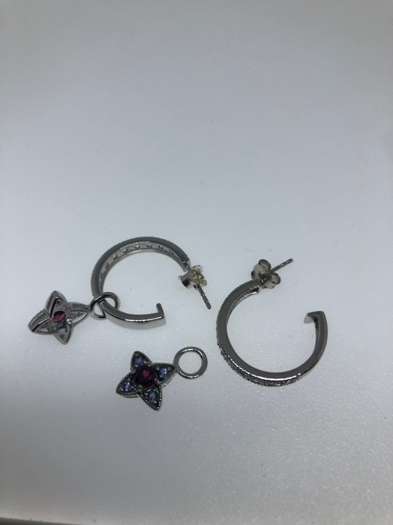 Vintage Handmade sterling silver diamond look white sapphire Gemstone drop hoop earrings