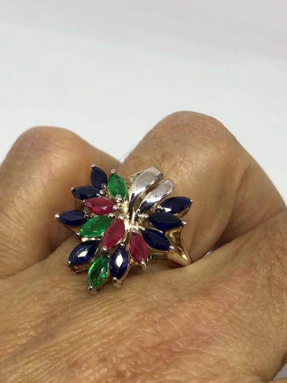 Vintage Ruby Emerald Sapphire Sterling Silver Coc… - image 4