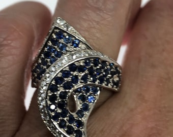 Vintage Handmade Deep Blue Sapphire and White 925 Sterling Silver Gothic Ring
