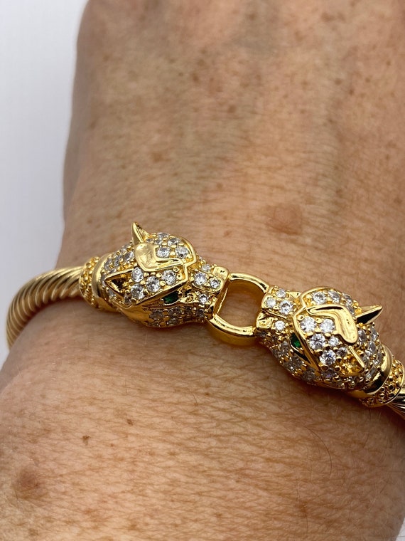 Vintage Cougar Cat Bangle Bracelet Gold Filled Green Crystal