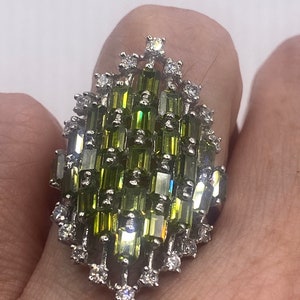 Vintage Green Cubic Zirconia Crystal Sterling Silver Ring Size 6.5