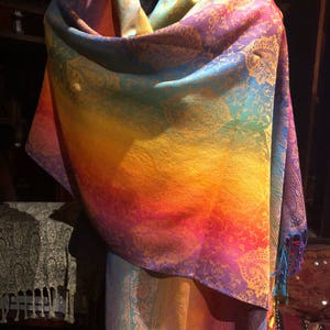 Vintage Rainbow Paisley Brocade Pashmina Scarf Wrap Shawl
