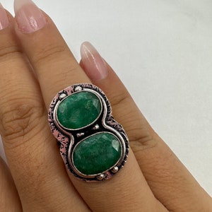 Vintage Green Raw Emerald Silver Bronze Statement Boho Ring