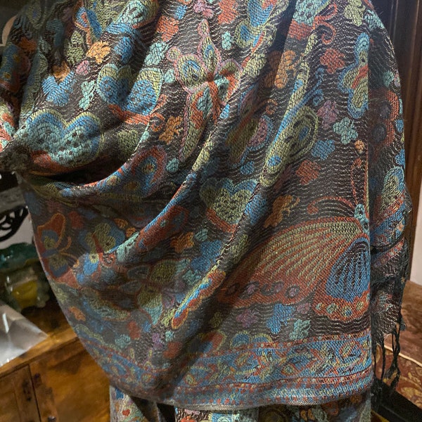 Vintage Jamawar Paisley Butterfly Brocade Pashmina Scarf Wrap Shawl